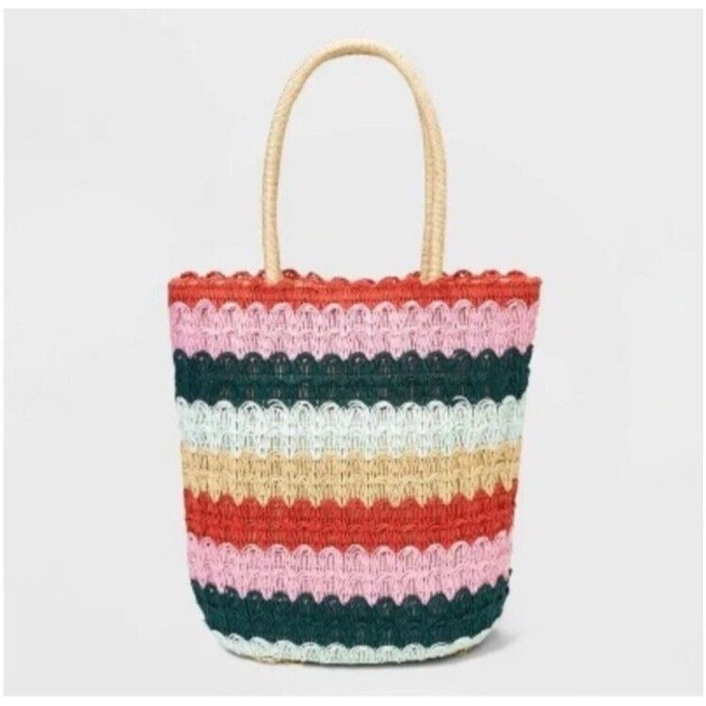 Colorful Striped Straw Tote Bag Double Straps
